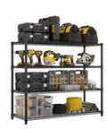 Rock Solid 4 Tier Heavy Duty Metal Shelving Unit Commercial Wire Storage Rack with tools and supplies organized.