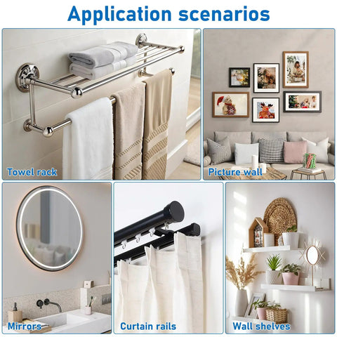 Application scenarios for Heavy Duty Self Drilling Drywall Anchors And Screws Kit With 114 Pieces for hanging towels, pictures, and curtains.