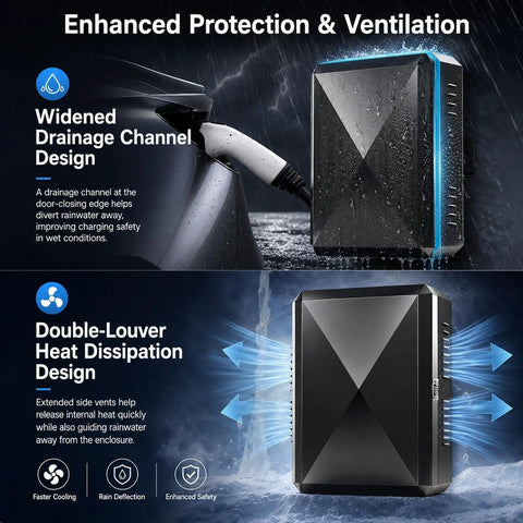 Lockable Outdoor Charger Enclosure Box Built From Heavy Duty Steel With Weatherproof Charging Station Cover For Electric Vehicles featuring drainage channel and vents.