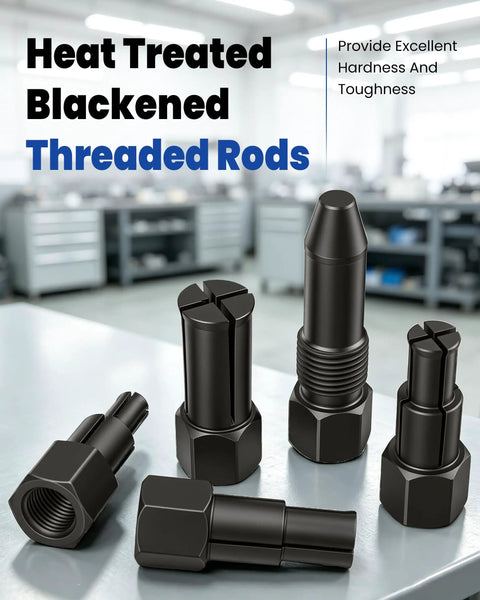 Heat Treated Blackened Threaded Rods positioned on a workbench, showcasing durable materials for tough applications.