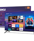 55 Inch QLED Smart TV With Sharp 4K Resolution And Rich HDR10 Colors Plus Slick Built In Apps For Smooth Streaming and Crisp Picture Tuning showing streaming apps on screen.