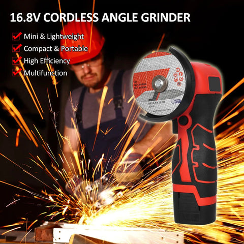 Cordless Angle Grinder 7000 RPM With 16.8V Battery And 76mm Wheels, mini grinder cutting with sparks in action.