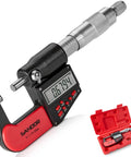 Digital Outside Micrometer With Carbide Tip For Precise Measurements 0 To 1 Inch And 0 To 25 Mm Range With 0.00005 Inch And 0.001 Mm Accuracy Ratchet Stop And Protective Case Pro Grade Machinist Workshop Tool displayed with case