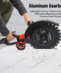 Close-up of 4000 Watt Electric Concrete Saw With 16 Inch Diamond Blade For Wet Or Dry Cutting, featuring aluminum gearbox.