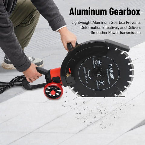 Close-up of 4000 Watt Electric Concrete Saw With 16 Inch Diamond Blade For Wet Or Dry Cutting, featuring aluminum gearbox.