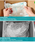 Hands holding a measuring container above 8 Pack 14X16 Expanding Polyurethane Foam Cushioning Sheets for secure shipping.