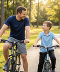 Father and son riding bikes with 21 Speed Twist Shifter Set With Left And Right Revoshift Grips For Mountain And Hybrid Bikes 3x7 Gear System Includes Left 3-Speed And Right 7-Speed Shifters Easy Install Durable Grip Shifter With Grips