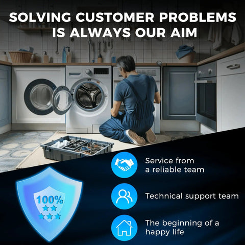 Technician repairing dryer with tools, promoting service for "Upgraded Dryer Heating Element Replacement Kit DC47-00019A With Thermal Fuse Thermostat And Thermistor For Compatible Dryers Includes DC96-00887A DC47-00016A DC47-00018A DC32-00007A Parts Fits DV40J3000EWA2 DV45H7000EWA2 DV42H5200EWA3" in a laundry room.