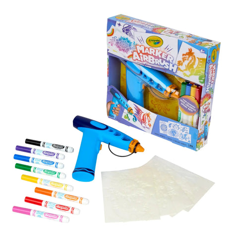 Rad Battery Powered Airbrush Marker Spray Craft Kit Smooth Glide Washable Ink Pens Plus Five Reusable Design Stencils Vibes indoor art kit with spray tool and eight markers.