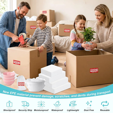 Family using Heavy Duty Dish Packing Kit For Moving With Thick Foam Pouches to pack kitchenware safely and easily.