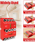 Heavy Duty Angle Drill Guide Jig With Integrated Bubble Level And Four Titanium Bits For Dead Accurate 30 45 And 90 Degree Precision on wooden posts and stairs.