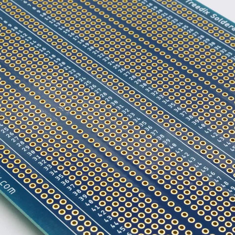 Close-up of One Piece Large Solderable Breadboard Shield For Prototyping Double Sided Tinned Gold Plated Holes Built In Ground Rails