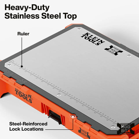 MODbox Tray Work Top Grab And Go Portable Work Surface for Multi Use Workbench with ruler and steel-reinforced lock locations.