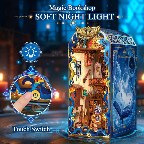 Front view of DIY Miniature Book Nook Kit With LED Light, Fantasy Bookstore Scene For Your Shelf, fantasy-themed wooden puzzle.