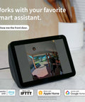 Smart home display with 2K Video Doorbell interface, showing live view of front porch. Compatible with Alexa, IFTTT, Apple Home, Google Home.