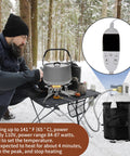 Propane Tank Warmer Blanket With Temperature Controller And Timer For Outdoor Use in snowy camping scene, black.