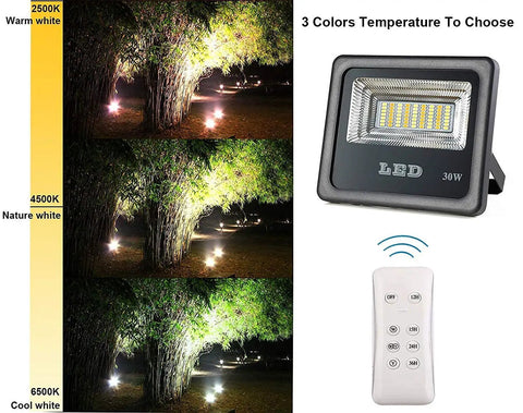 Spot Lighting 30W 1000 Lumens Led Solar Powered Flood Lights with Rf R,，， showcasing three color temperatures and RF remote.