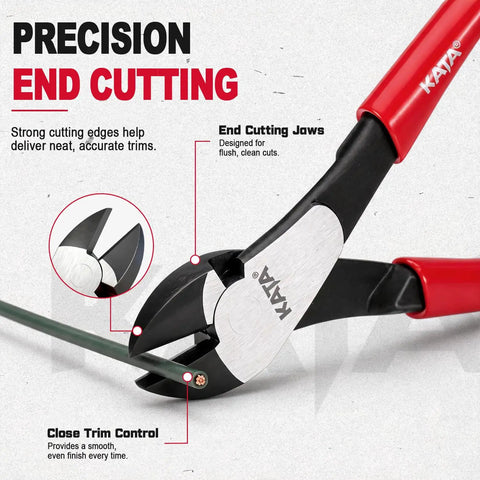Heavy Duty 7 Inch High Leverage Diagonal Cutting Pliers With Angled Head For Precision Flush Cuts And Smooth Wire Snipping Action That Makes Short Work Of Electrical And Craft Projects Professional Grade Hardware No Sweat Guaranteed, featuring red grips and close trim control.
