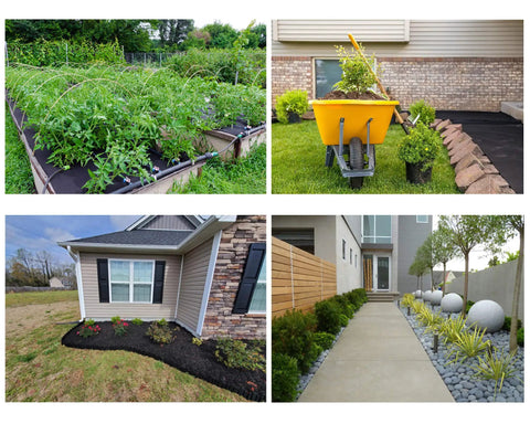 Heavy Duty Weed Barrier Landscape Fabric 3.2oz Premium Ground Cover Mat for Gardens and Pathways shown installed in various settings