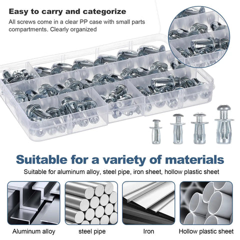 48 Piece Heavy Duty Expansion Jack Nuts With Bolts M4 M5 M6 M8 displayed in a clear case, organized for easy access and categorization.