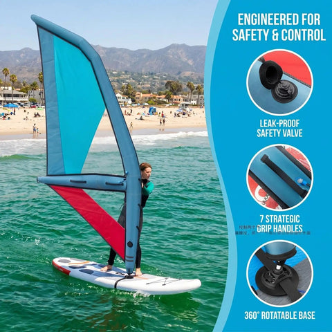 Person using Inflatable Windsurfing Wing Foil Kit For Easy Wind Foiling Handheld Wing Foil Board For Surfing And Water Play Stable 2.2 Square Meters Wing Size Blue on water