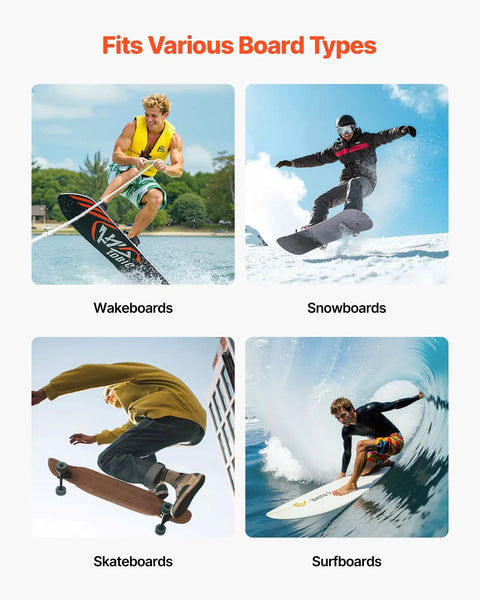 Badass 4 Tier Horizontal Surfboard Wall Mount Rack Adjustable Height Metal Organizer featuring wakeboards, snowboards, skateboards, and surfboards.