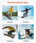 Keep Your Sick Gear Organized With This Heavy Duty Surfboard Wall Mount Vertical Paddle Board Rack Featuring Hella Secure Rubber Padding For Effortless Garage Storage And Zero Clutter Vibes, showing wakeboards, snowboards, skateboards, and surfboards.