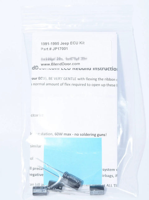 High Grade Ecu Capacitor Kit For 1991 To 1995 Jeep Wrangler Cherokee Grand Cherokee plug and instructions in a clear bag.