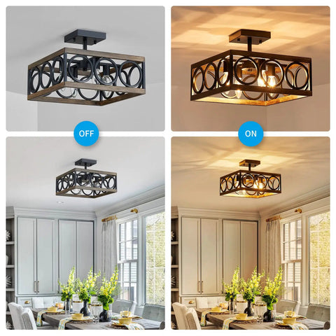 4 Light Modern Black Square Chandelier With Vintage Wood Grain Finish And 180 Degree Adjustable Pole in dining room, on and off