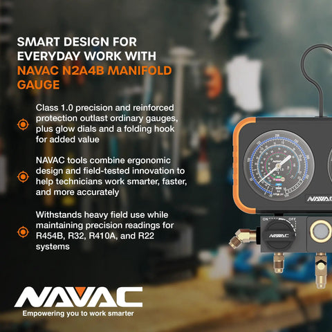 Precise Class 1.0 HVAC Manifold Gauge Set With Beefy Aluminum Body showing gauges and hooks for accurate readings on job sites.