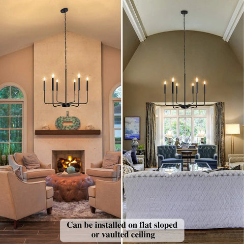 Rustic Matte Black 6 Light Candle Chandelier For Dining Room Kitchen Island Living Room And Foyer Industrial 26 Inch Ceiling Light Fixture Modern Farmhouse Style Black Chandeliers installed in a living room with vaulted ceiling