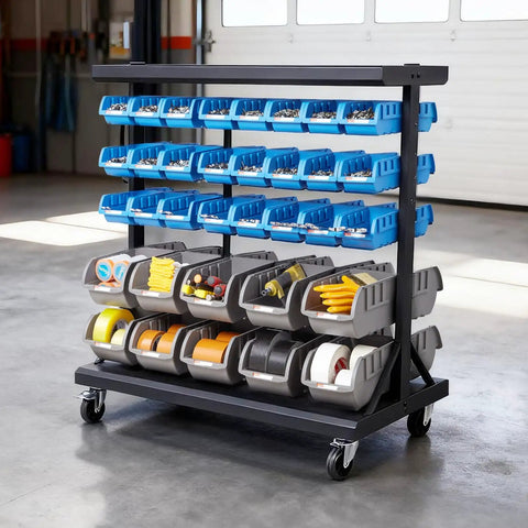 Straight Up Reliable Dual Sided Rolling Storage Rack With Sixty Eight Tough Plastic Parts Bins And Quick Label Slots, mobile tool caddy with blue and gray bins.