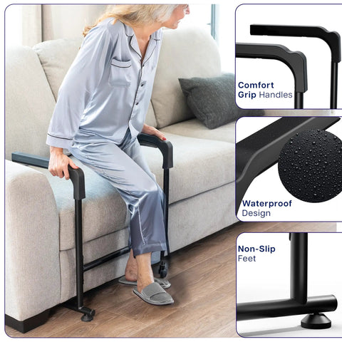 Heavy Duty Toilet Safety Rails With Padded Grip Handles Great For Seniors And Post Surgery Recovery To Help You Rise From Chair Or Couch Easily Bathroom Assist Bar Grab Support For Safe Mobility Transfers with comfort grip handles.