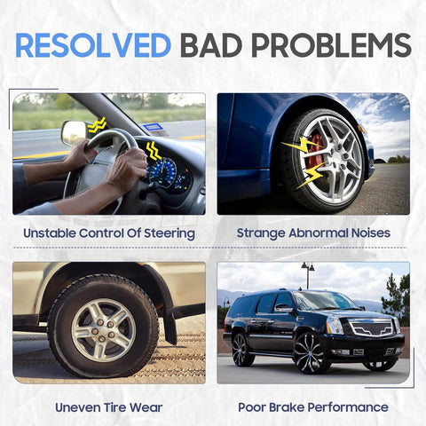 Image displaying resolved car issues: unstable steering, abnormal noises, uneven tire wear, and poor brake performance.