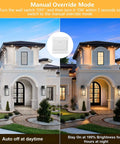 Two Pack Motion Sensor Outdoor Lights Modern Matte Black Wall Lanterns Porch Sconces Exterior Light Fixtures With Glass For Patio Front Door Entryway Bright, Easy Install, Weather Resistant shown on house in day and night mode.