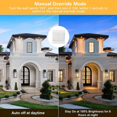 Two Pack Motion Sensor Outdoor Lights Modern Matte Black Wall Lanterns Porch Sconces Exterior Light Fixtures With Glass For Patio Front Door Entryway Bright, Easy Install, Weather Resistant shown on house in day and night mode.