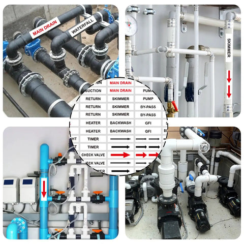 Heavy Duty Pool Equipment Labels And Valve Stickers For Spa Plumbing 560 Piece Kit with marked valve locations on pipes.