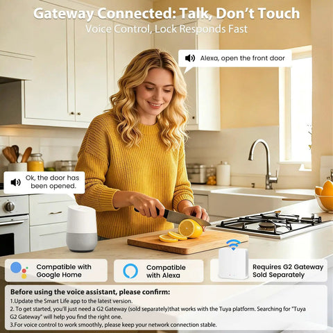 Woman using voice control for keyless entry door lock with app and fingerprint sensor in a kitchen, compatible with smart home systems.