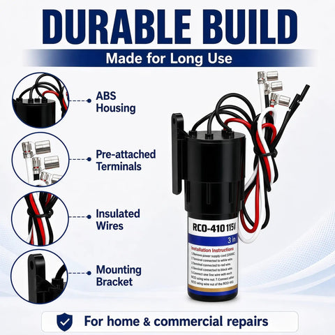 Universal 3 In 1 Compressor Hard Start Capacitor Kit For Refrigeration Systems 115 Vac 1/4 To 1/3 Hp showing durable ABS housing and pre-attached wires.