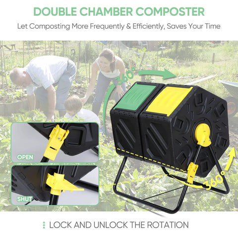 Outdoor 37 Gallon Dual Chamber Compost Bin With Tumbling Drum And Two Sliding Doors in garden setting