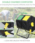 37 Gallon Dual Chamber Tumbling Composter With Two Sliding Doors For Easy Turn Outdoor Garden Bin BPA Free High Volume System Delivers Fast Aerobic Composting For Your Backyard, side view with open doors