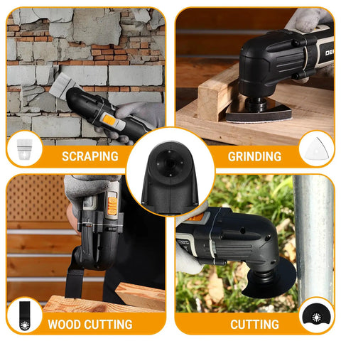 Hardcore 2.5 Amp Oscillating Multi Tool Corded Electric Workhorse With Sick 3000 To 22000 RPM Output Six Variable Speeds And An Ergonomic Soft Grip Handle For Smashing Wood Metal And Drywall Projects showing multiple cutting and scraping applications.