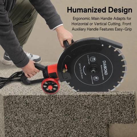 4000 Watt Electric Concrete Saw With 16 Inch Diamond Blade For Wet Or Dry Cutting, ergonomic handle in use.