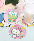Diamond Art Coasters Set With Holder For Adults And Kids, 8 cartoon designs shown with glass, flowers, and table setting.