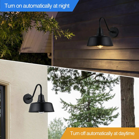 Gooseneck Barn Lights Outdoor Dusk to Dawn Sensor for Porch and Garage Black Exterior Farmhouse Wall Lighting Fixtures Weather Resistant Metal Two Pack 7 Inch Diameter Easy Install lit and unlit at night and day on house walls