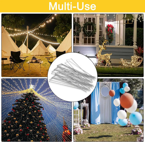 Collage image showing multiple uses of 500 Pack 6 Inch Galvanized Landscape Staples Ground Stakes for outdoor decor and setups.