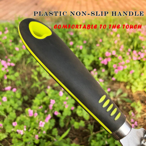 Close-up of black and green plastic non-slip handle of Five Claw Landscape Garden Rake Dethatcher Grab And Go All In One Tool