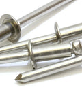Size Forty Four Button Head Blind Rivets One Eighth Inch Diameter Three Sixteenths To Quarter Inch Grip Range Three Oh Four Stainless Steel Marine Grade Heavy Duty Fasteners Pops Tight Holds Strong For Rugged Outdoor Builds 100 Piece Pack laid out on a white background.