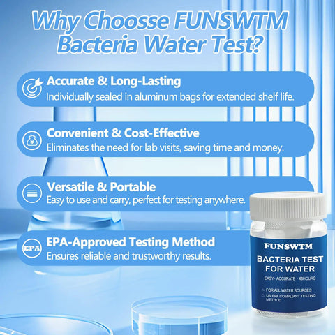 Coliform Bacteria Water Test Kit 12-Pack Super Sensitive For Well Water Tap Pool Spring Pond Lake Drinking Quality Tester DIY Easy Fast Results Under 48 Hours No Fuss top view of sealed testing kit with informational text.