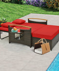Patio Rattan Daybed With Four Level Adjustable Backrest And Handy Storage Ottoman Outdoor Wicker Loveseat by the pool in red